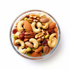 Bowl of mixed dry fruits top view on isolated white background - ai generative