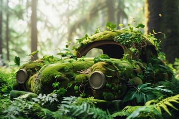 AI Generated Image. Car covered by the moss plant and leaves. Earth Day concept - 725589472