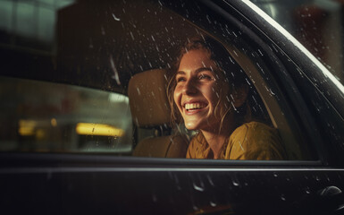 AI Generated Image. Cheerful woman inside of the car while the rain is falling outside