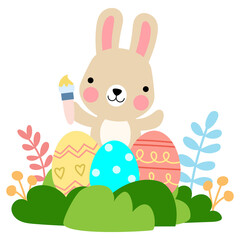 Easter bunny rabbits with baby chicks and Easter eggs