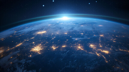 Planet Earth globe from space. Glowing city lights, light clouds. Generative AI