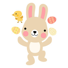 Easter bunny rabbits with baby chicks and Easter eggs