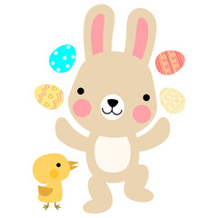 Easter bunny rabbits with baby chicks and Easter eggs