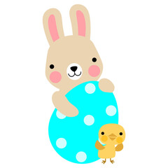 Easter bunny rabbits with baby chicks and Easter eggs