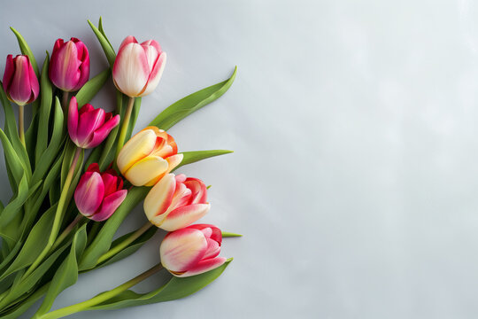 AI Generated Image. Mother’s Day template layout with copy space with colorful tulip flowers