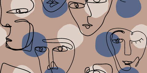 Seamless pattern line drawing of women with different faces.
