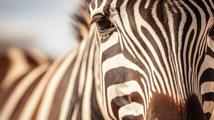 Close-up of a crop photo of a beautiful striped black and white zebra looking at the camera in...