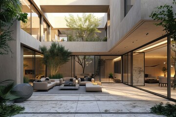 backside courtyard of a big modern architecture design villa house