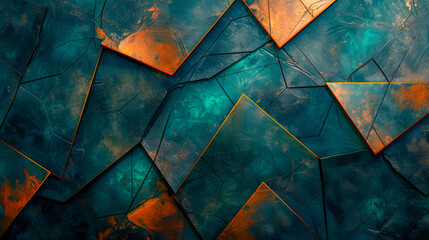 Vivid turquoise and burnt orange geometric shapes intersect against a textured background.