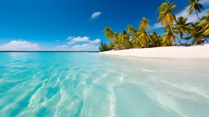 Panoramic view of beautiful tropical beach with palm trees and blue sky