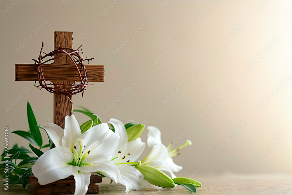 Wall mural Crown of thorns with wood cross and blossom lilies with copy space. Holy week concept