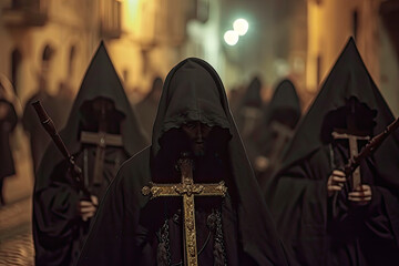 nazarenes with black hoods in a procession during holy week - obrazy, fototapety, plakaty