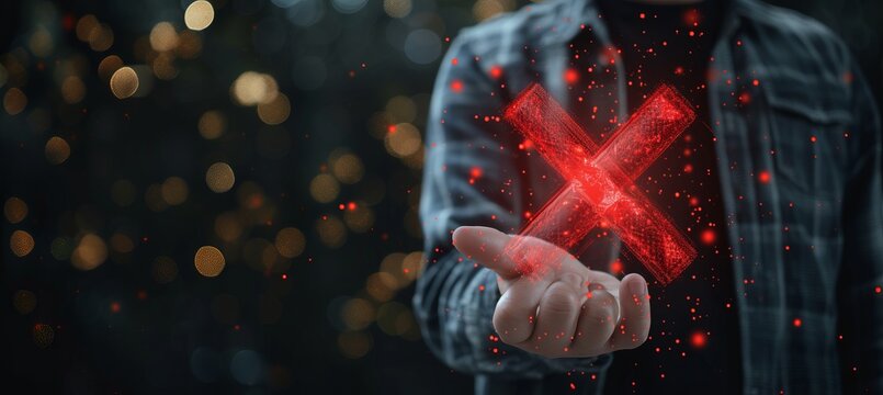 Businessman holding red fail tick hologram for certification or audit concept with copy space