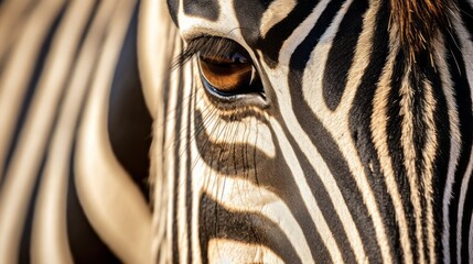 Close-up of a cropped photo of a beautiful zebra looking with brown eyes at the camera. Striped black and white animal texture.