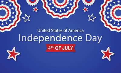 4th of July independence day poster, banner, flyer, background, template, with the greeting,flag waving ribbon, bunting decoration, and American famous landmarks in the background