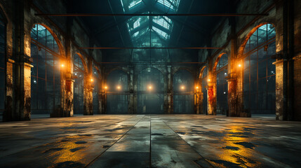 Fototapeta na wymiar The interior of a large abandoned warehouse.