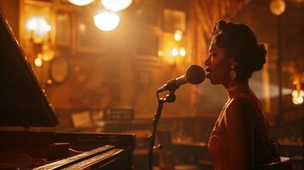 A singer performs soulfully in a vintage jazz bar with ambient lighting.