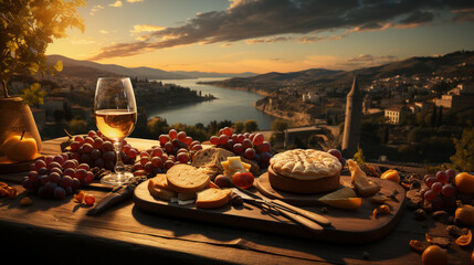 Romantic dinner sunset and river in the background. The beauty of romance
