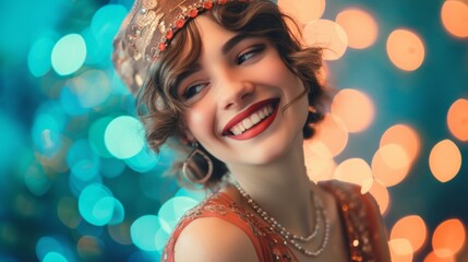 A joyous woman with a flapper headband smiles brightly with bokeh lights, jazz revival concept