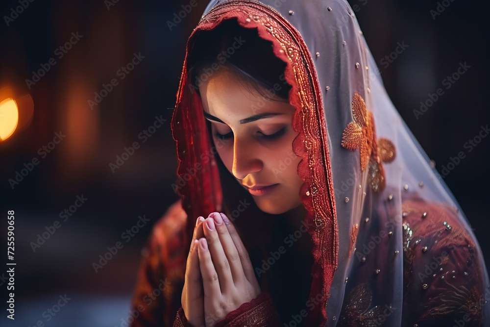 Wall mural A muslim Pakistan girl is praying in the Mouque.  Islamic culture. Space for text