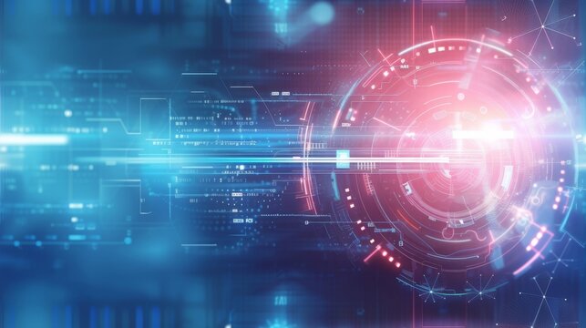 A glowing blue futuristic interface with digital graphics and red highlights.