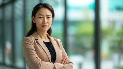Diverse Middle-Aged Chinese Businesswoman in Bright Office - Leadership, Confidence, and Professionalism Exemplified