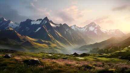 Panoramic view of the mountains at sunset. Caucasus. Russia.