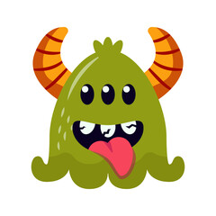 Monster with horns and tongue sticking out. Kids Halloween green cartoon character design for poster, baby products logo and packaging design. Cartoon vector illustration isolated on white background