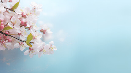 Fresh beautiful white cherry blossoms on light pink background with copy space