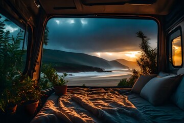 inside a cozy campervan, comfy bed and warm blanket, plants, flowers, decoration, view from the back on quiet beach, sunrise, stormy, vibrant colors, realistic,  heavy rain , thunder and lightning 