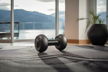 Dumbbell on luxury carpet home gym area. Fitness workout tool in room with scenic natural view. Generate ai