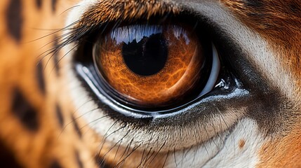 Close-up of beautiful giraffe eyes with long eyelashes looking at the camera. Safari, animals of...