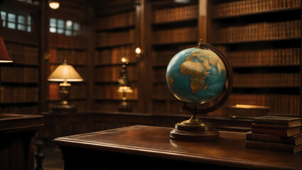 An antique globe resting on a shelf in a dimly lit library, hinting at the wealth of knowledge within its pages.