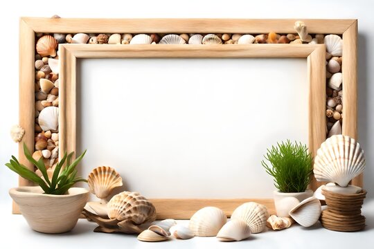 Decorative wooden frame, flowerpot and shells. Object over white