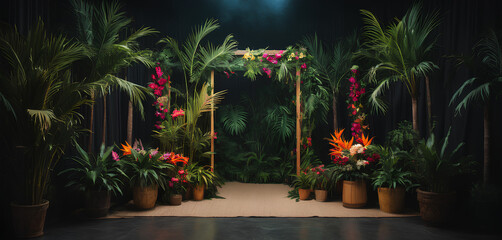 Photo Booth Backdrop photographic background featuring palm trees, tropical foliage, and vibrant flowers, creating a lush and exotic setting for photos. 