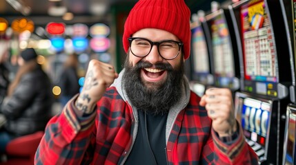 Excited gambler celebrates big win at luxurious casino slot machines in las vegas