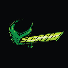 green Scorpion grab text esport and sport mascot logo design in modern illustration concept for team badge, emblem and thirst printing. Scorpion illustration on Green Background. Vector illustration