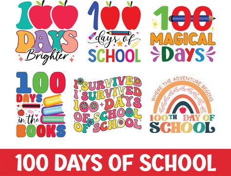 100 Days Of School Retro Bundle, 100th Day Of School Shirt, Retro 100 School T-shirt Bundle, School Celebration Shirt Bundle, Retro 100 days Teacher Shirt, Cut File For Cricut And Silhouette