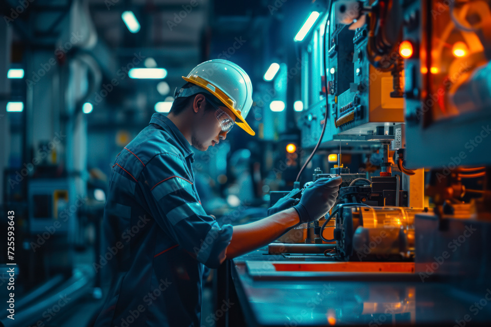 Poster technological innovation at work, a worker at the factory engaged in edge technological processes.