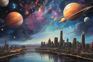 Explore a mesmerizing cityscape painting under a celestial night sky adorned with planets. A...