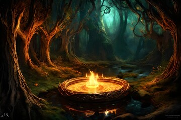digital art, Elven ring with intricate design, luminescent, glowing, burning with fire magic, water, intricately detailed, J.R.R. Tolkien's Middle-earth, dark spring forest at night background, in dee - obrazy, fototapety, plakaty