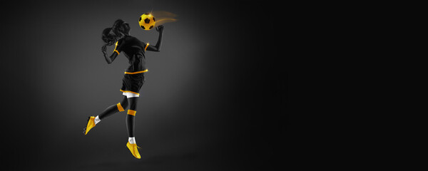 Competitive young woman, soccer player in uniform in motion, playing over dark background. Yellow...