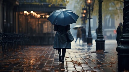 A woman walks with an umbrella while it rains in the city during the day. 