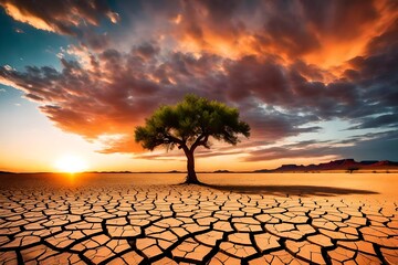 Global warming concept. Lonely green tree under dramatic evening sunset sky at drought cracked desert landscape