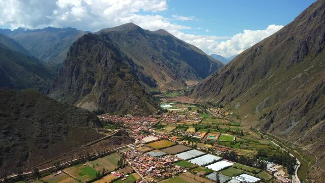 Aerial view of the archaeological site of Ollantaytambo in the Sacred Valley of Cusco. Peru