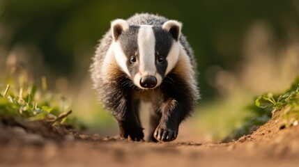 Fototapeta premium European badger walking towards the camera, 