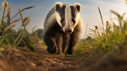 European badger walking towards the camera, 