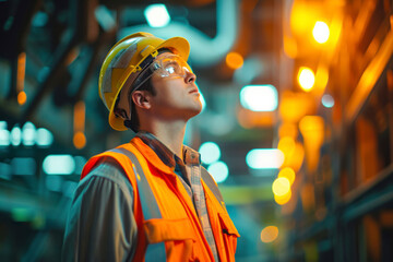 Worker in safety gear, a factory worker donned in safety gear such as a helmet and reflective vest.