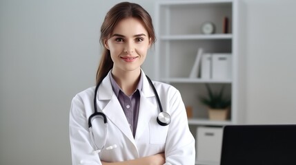smiling young female doctor in medical coat writing in clipboard looking at camera 