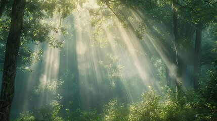 Enchanted Forest Awakening vibrant magical moment of a morning light beam in a ravine, embodying transcendence of ordinary reality.